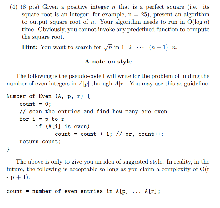 (4) (8 pts) Given a positive integer n that is a