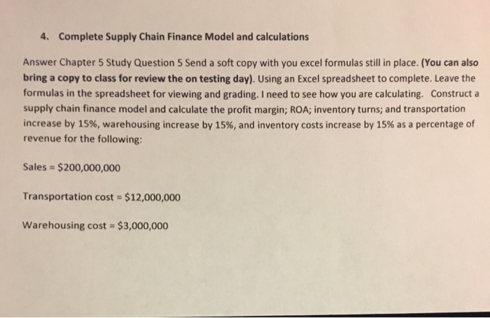 4. Complete Supply Chain Finance Model and calculations Answer Chapter 5