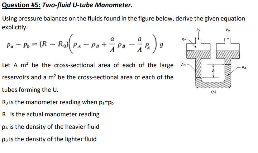  Question #5: Two-fluid U-tube Manometer. Using pressure balances on the fluids