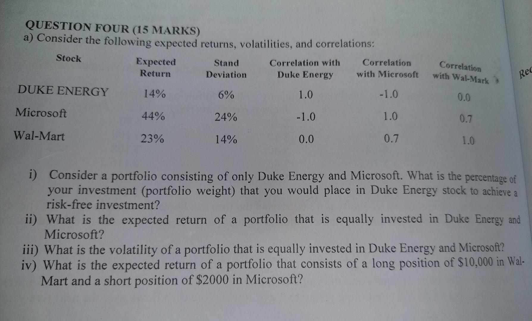 Question 4 QUESTION FOUR (15 MARKS) a) Consider the following expected