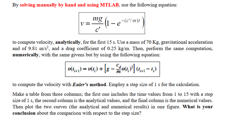 please help me with this matlab problem By solving manually by hand