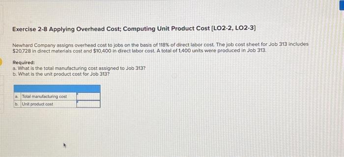  Exercise 2-8 Applying Overhead Cost; Computing Unit Product Cost [LO2-2, LO2-3]