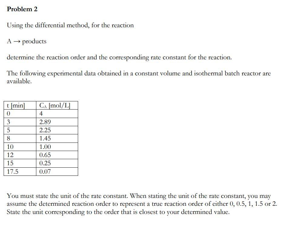  Using the differential method, for the reaction A products determine the