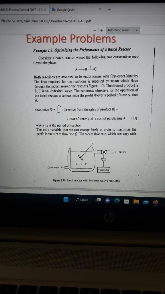  Erample 1.3: Optimizing the Performance of a Batch Reactor Consider a