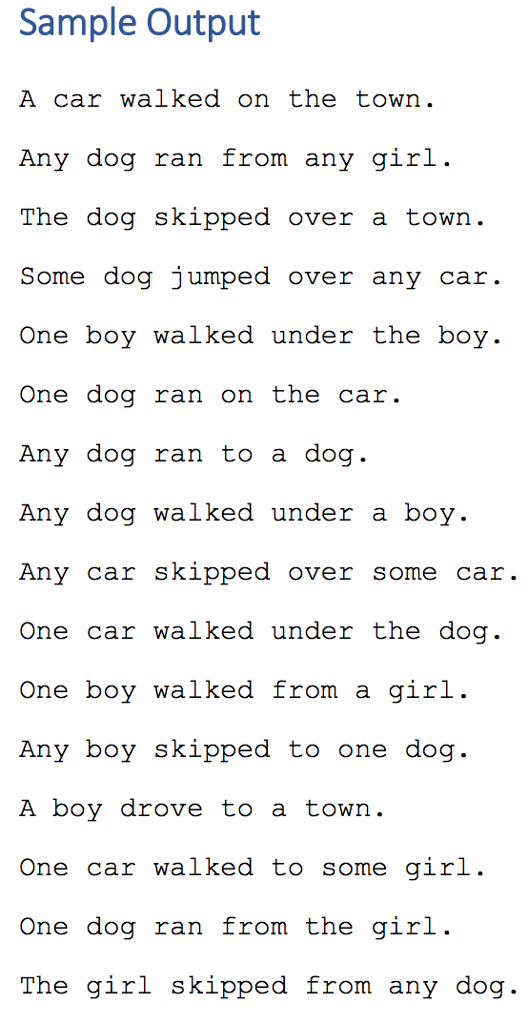 challenge, you will create a program named SurpriseSentences that creates sentences by