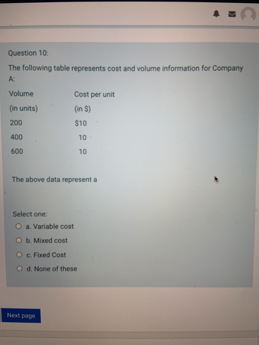  Question 10 The following table represents cost and volume information for