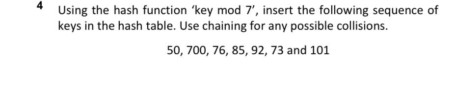 4 Using the hash function 'key mod 7', insert the following