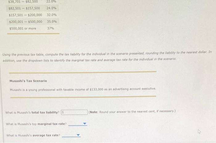  Using the previous tax table, compute the tax liability for the