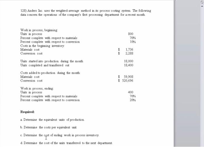 128) Anders Inc uses the weighted average method in its process