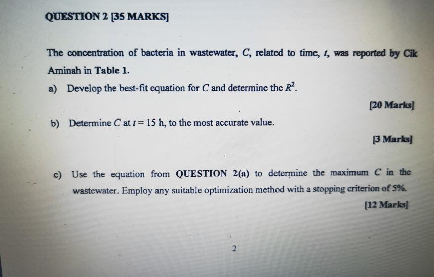  Subject :Numerical method&optimization QUESTION 2 [35 MARKS] The concentration of bacteria