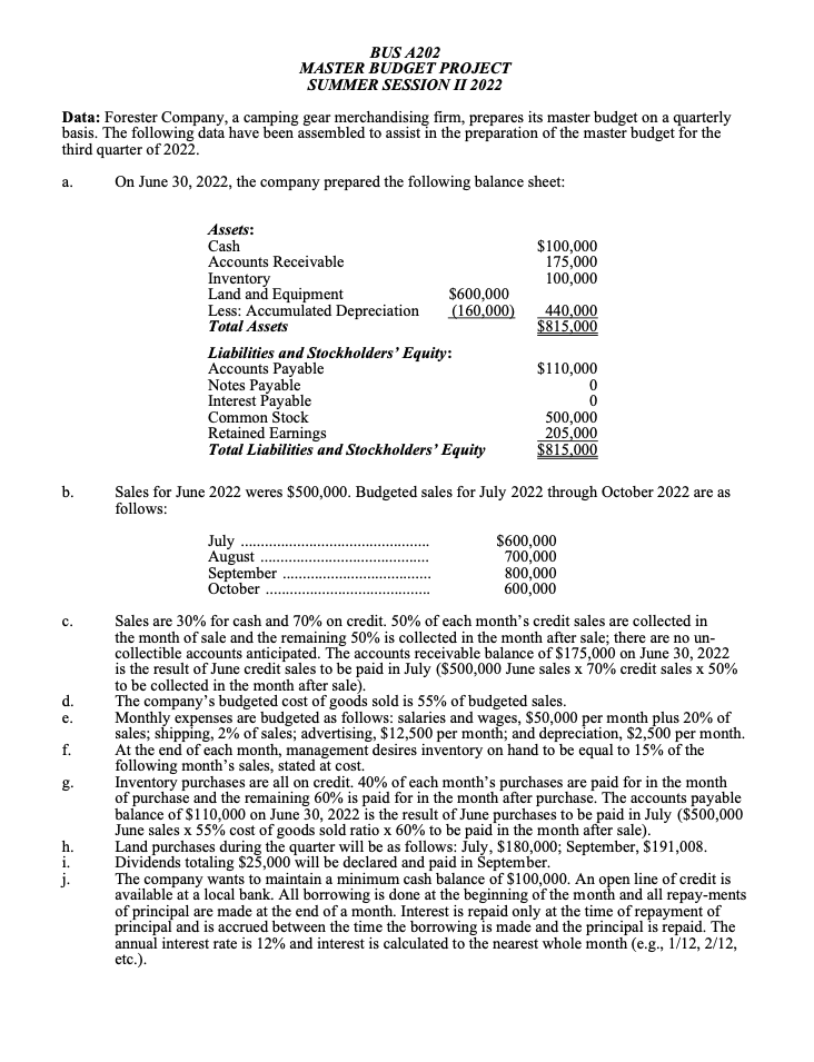  BUSA202 MASTER BUDGET PROJECT SUMMER SESSION II 2022 Data: Forester Company,
