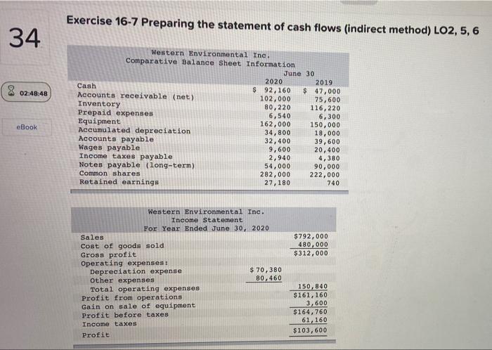  Exercise 16-7 Preparing the statement of cash flows (indirect method) LO2,