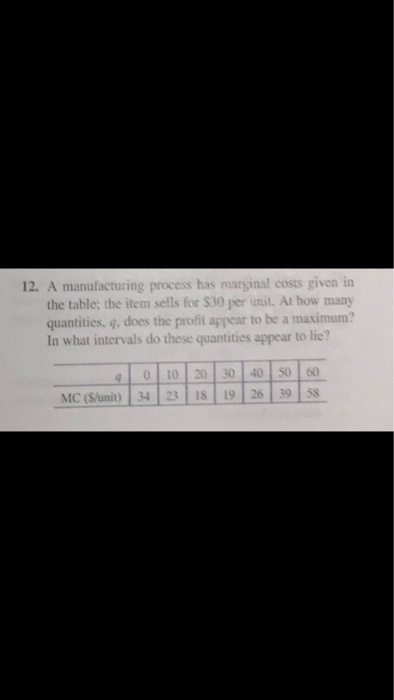  12. A manufacturing process has marginal costs given in the table;