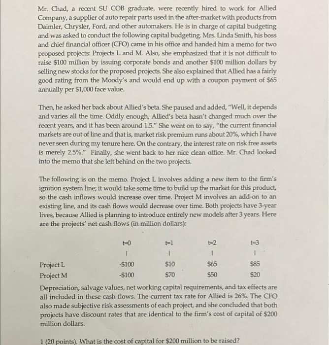 Please show the work. Mr. Chad, a recent SU COB graduate,