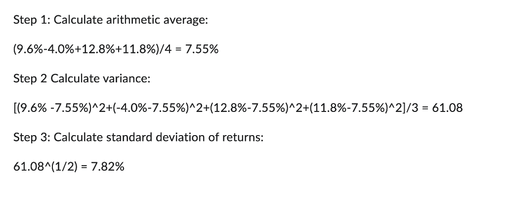 Year 3 15.2% Year 4 11.9% Calculate the Standard deviation of returns.