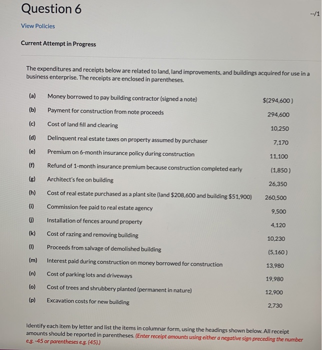  Question 6 View Policies Current Attempt in Progress The expenditures and