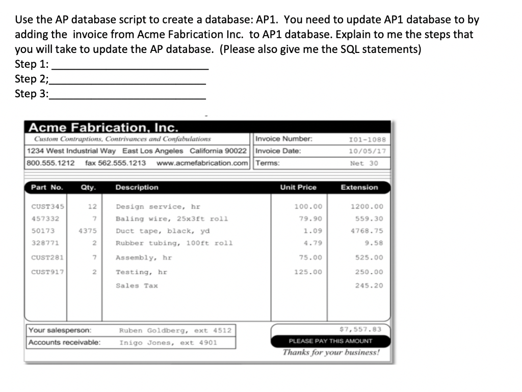 Database MySQL: Use the AP database script to create a database: AP1.