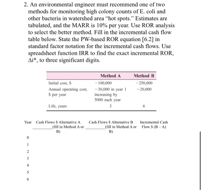  2. An environmental engineer must recommend one of two methods for