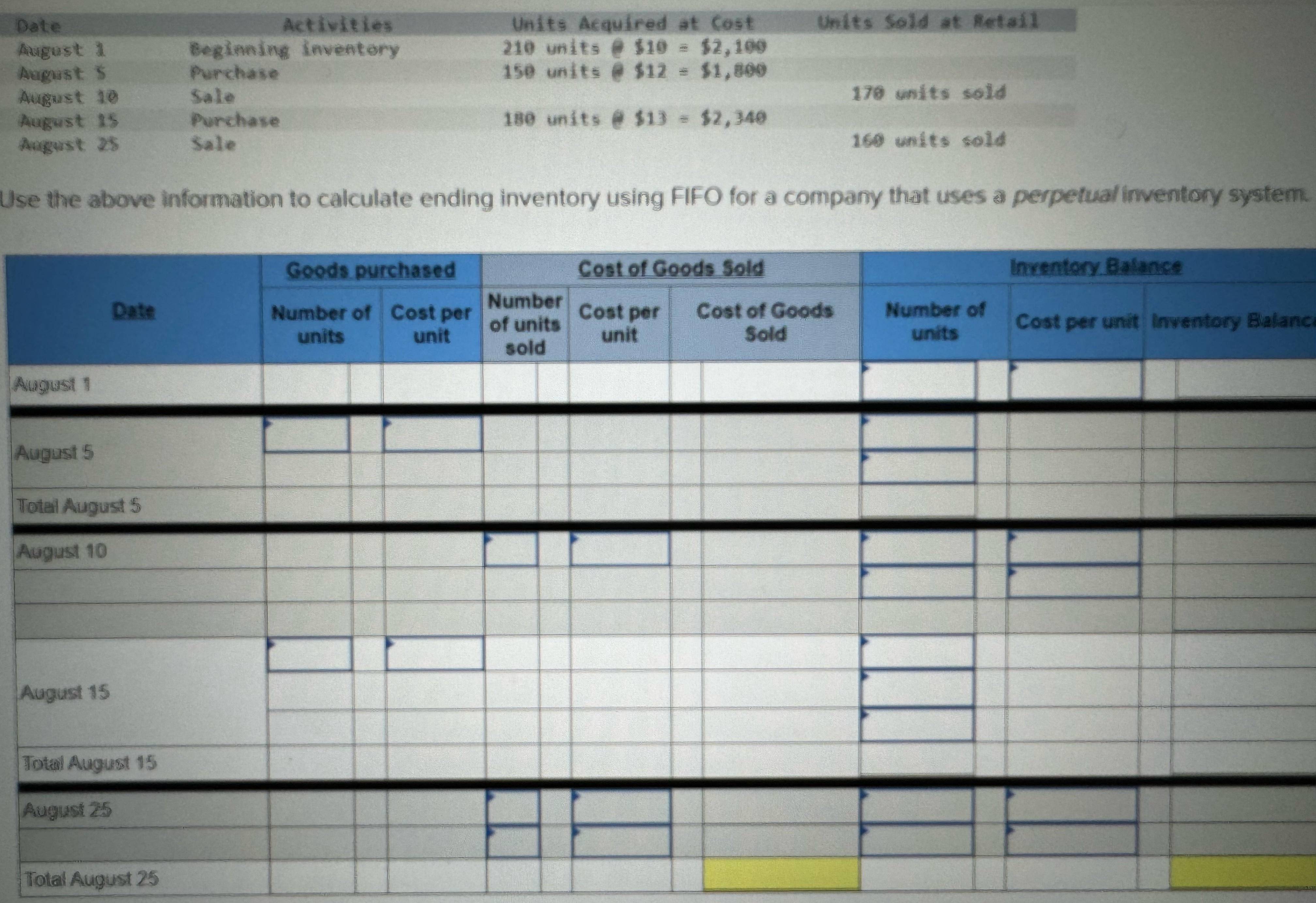  Use the above information to calculate ending inventory using FIFO for