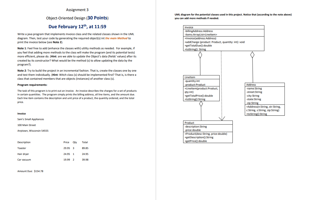  Object-Oriented Design (30 Points) UML diagram for the potential classes used