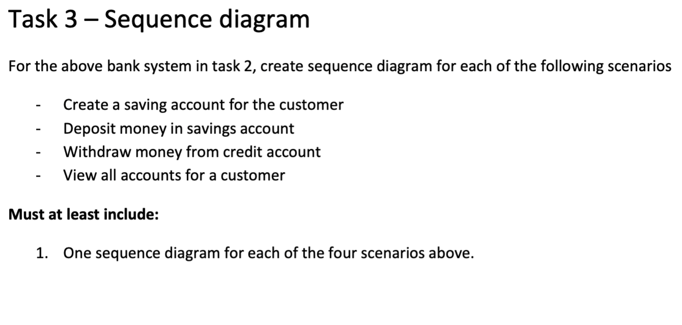 please use starUML Task 3 - Sequence diagram For the above bank