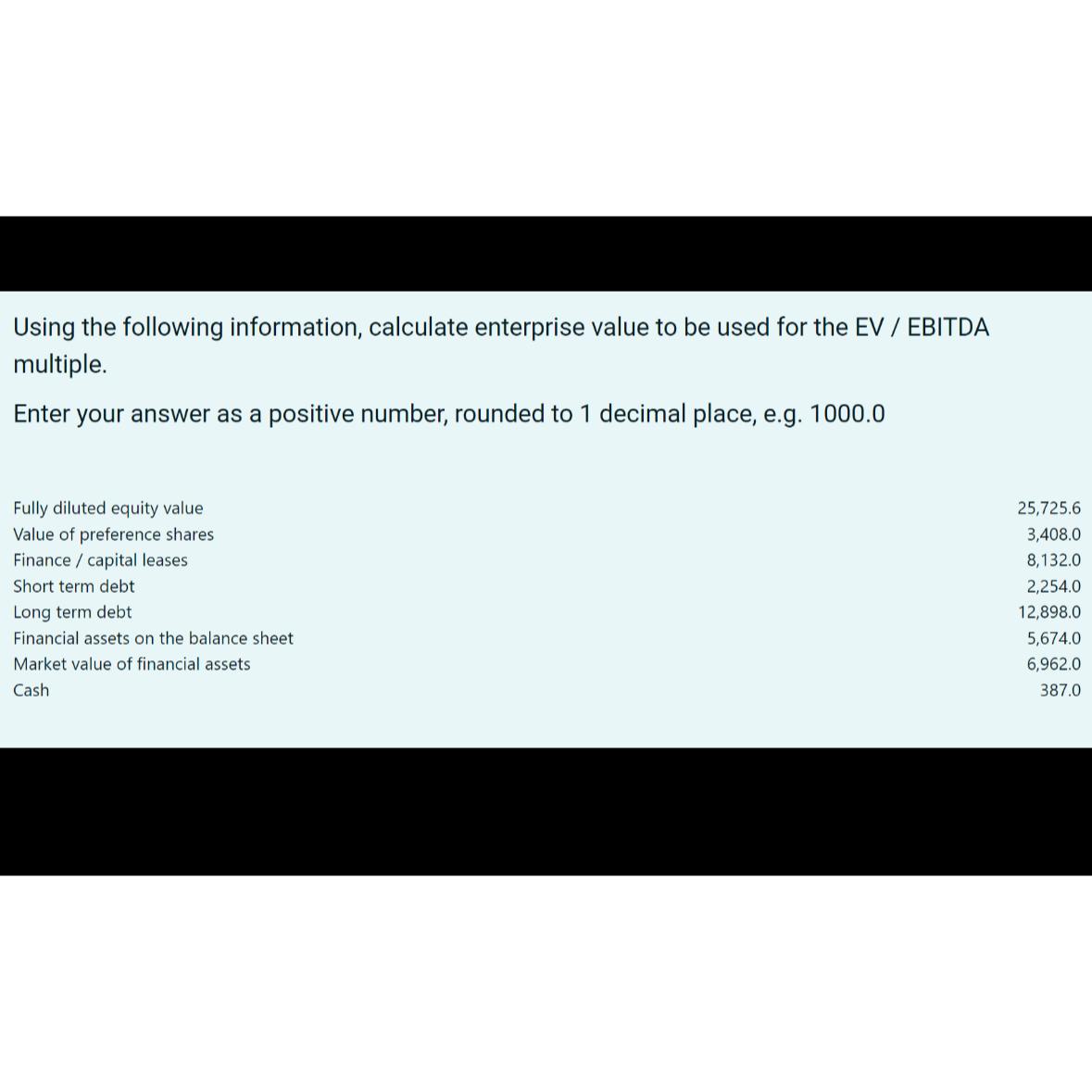  Using the following information, calculate enterprise value to be used for