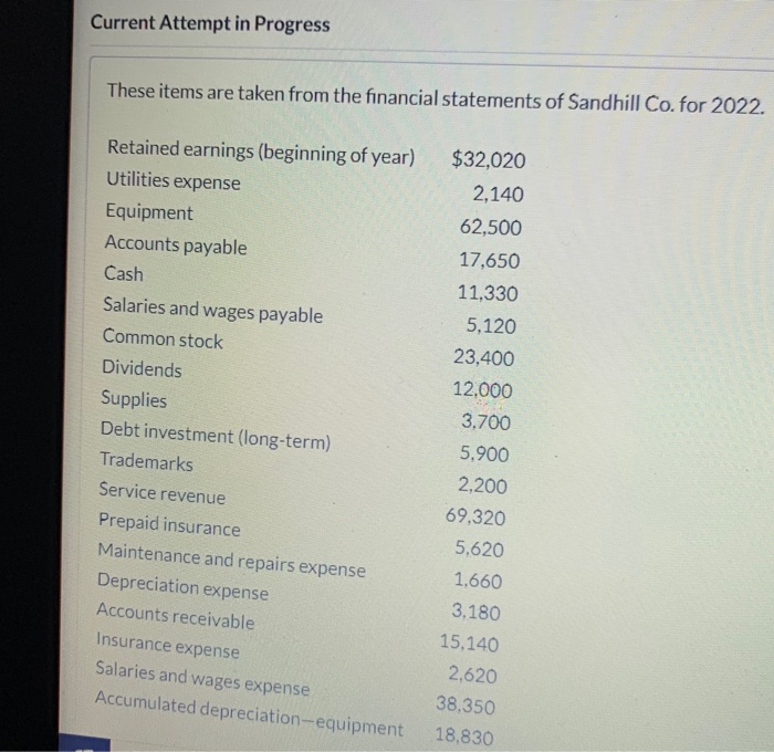Balance Sheet Current Attempt in Progress These items are taken from the