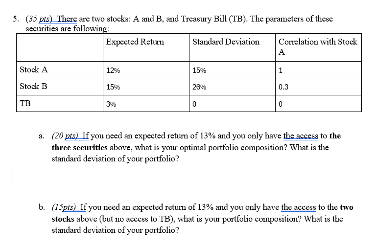  (35 pts) There are two stocks: A and B, and Treasury