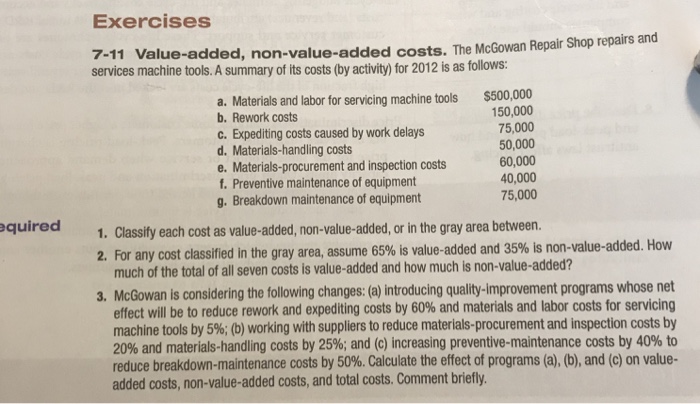  Exercises 7-11 Value-added, non-value-added costs. The McGowan Repain services machine tools.
