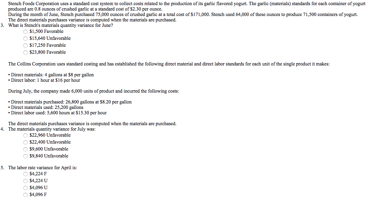 need help solving this question! Stench Foods Corporation uses a standard cost