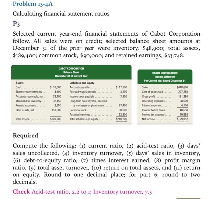  Problem 13-4A Calculating financial statement ratios P3 Selected current year-end financial