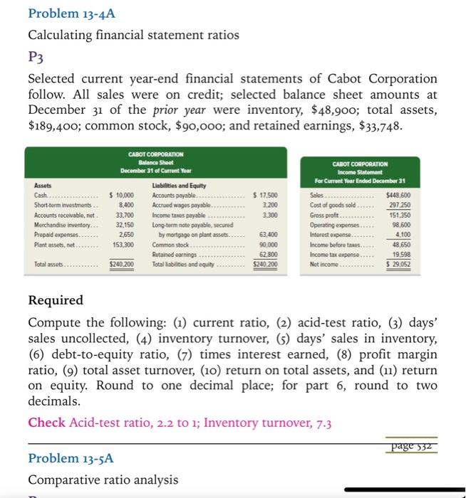 statements of Cabot Corporation follow. All sales were on credit; selected balance