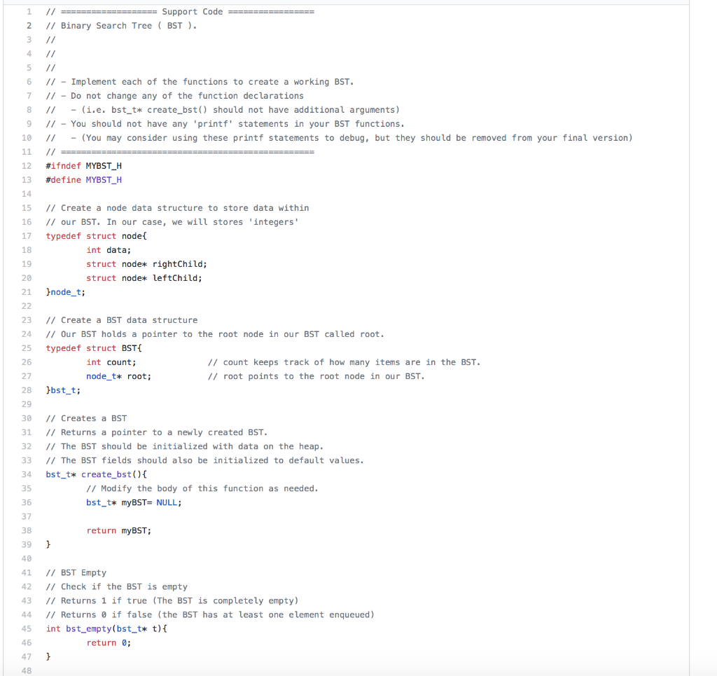 In C please complete the following functions below for the Binary Search