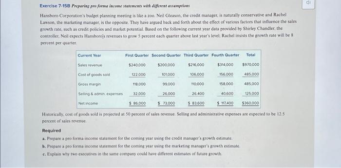  Exercise 7-15B Preparing pro forma income statements with different assumptions Hansboro