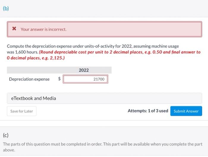  (b) * Your answer is incorrect. Compute the depreciation expense under