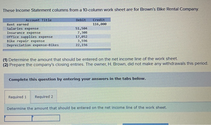  These Income Statement columns from a 10-column work sheet are for