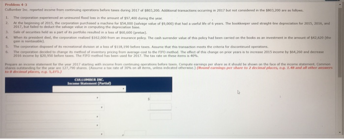  Problem 4-3 Cullumber Inc, reported income from continuing operations before taxes