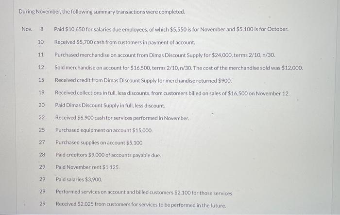 uses the perpetual inventory method. During November, the following summary transactions werc