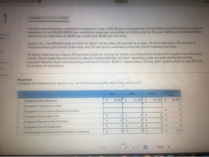  2 - Master Budget 1 Variable manufacturing overhead is incurred at