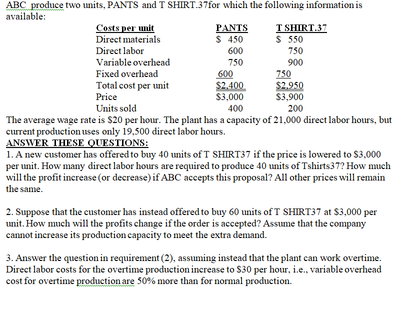 please help in this hw ABC produce two units, PANTS and T