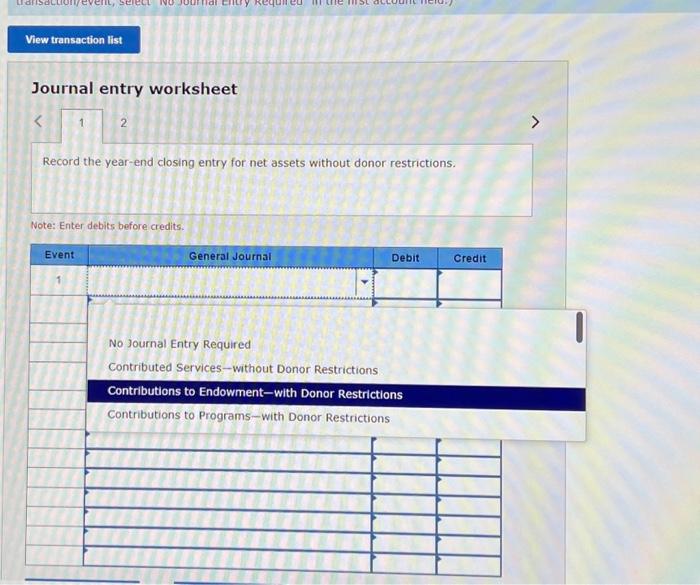 the year-end closing entry for net assets without donor restrictions. Note: Enter