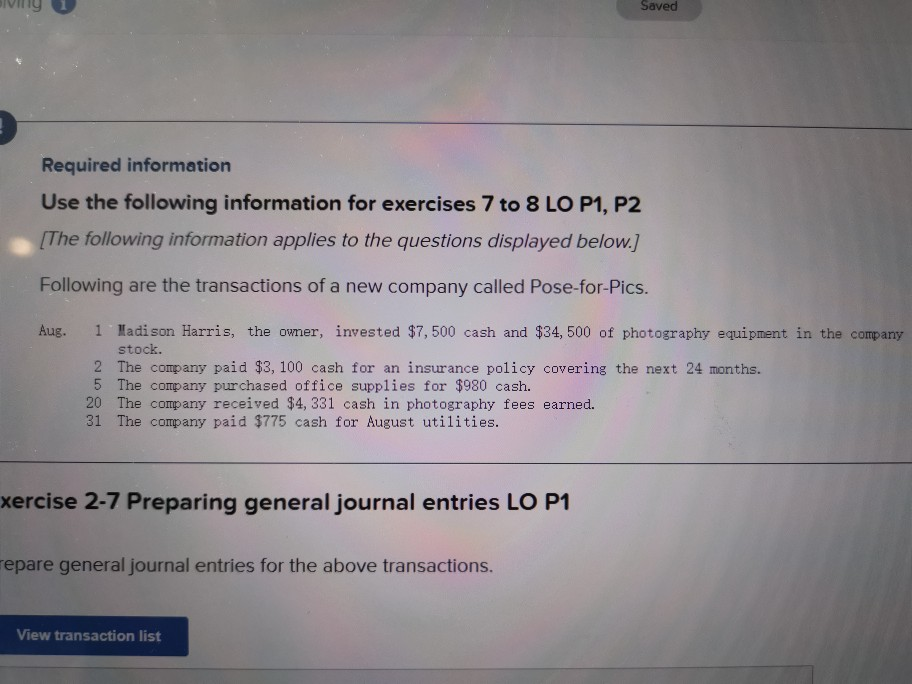 SIVITY Saved Required information Use the following information for exercises 7
