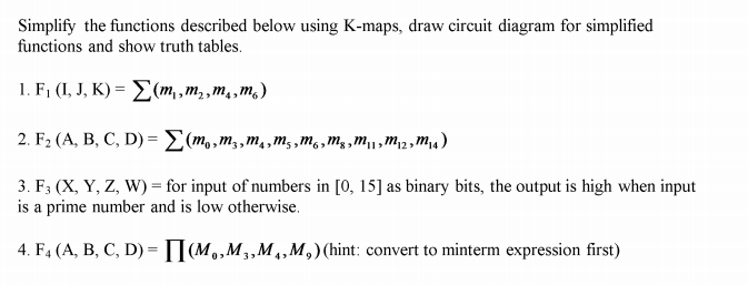  Simplify the functions described below using K-maps, draw circuit diagram for