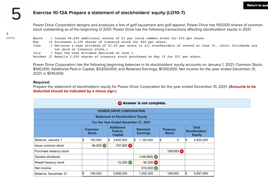 Return to que Exercise 10-12A Prepare a statement of stockholders' equity