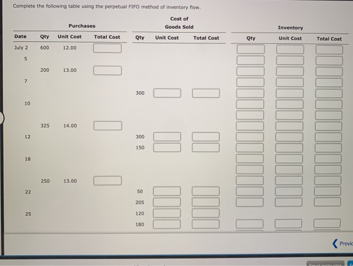  complete using FIFO method of inventory flow. Complete the following table