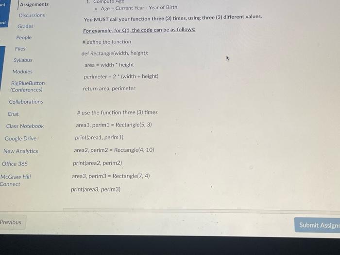 your function three (3) times using different V.US 1. Find Area and