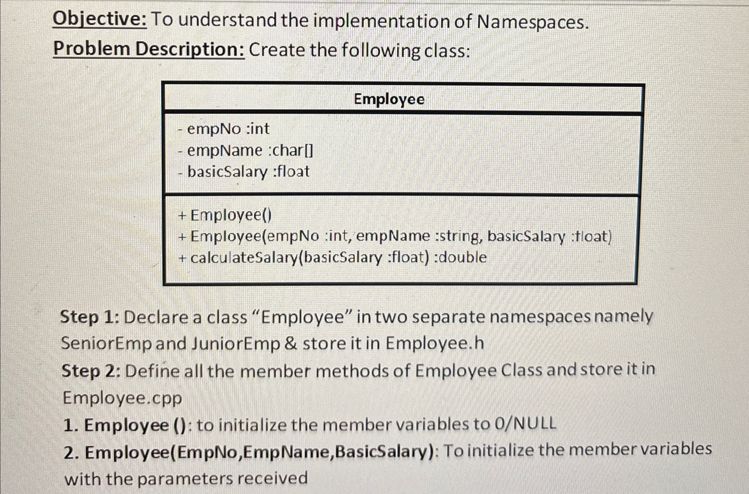  Objective: To understand the implementation of Namespaces. Problem Description: Create the
