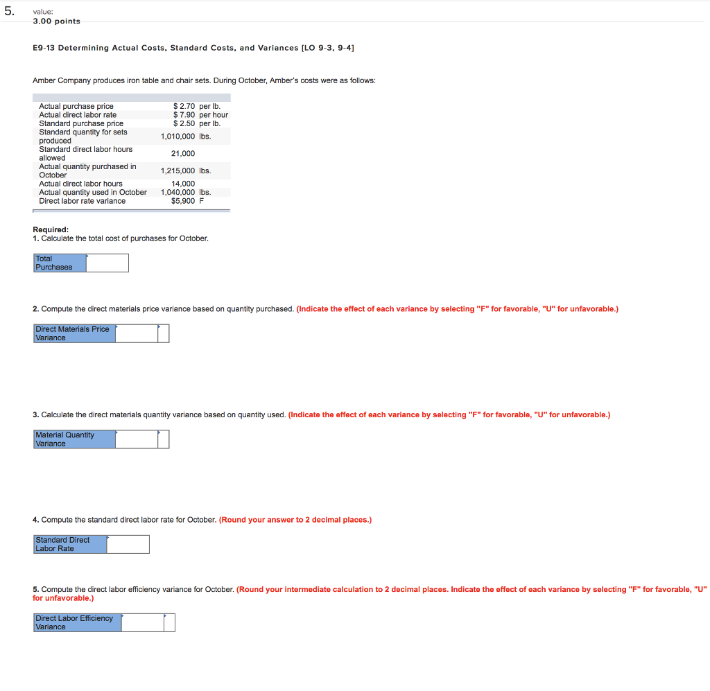  value: 3.00 points E9-13 Determining Actual Costs, Standard Costs, and Variances