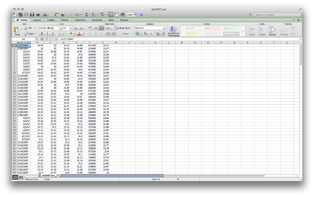 { CSVReader reader1 = new CSVReader("att2007.csv"); CSVReader reader2 = new CSVReader("quotes.csv"); System.out.println("Number