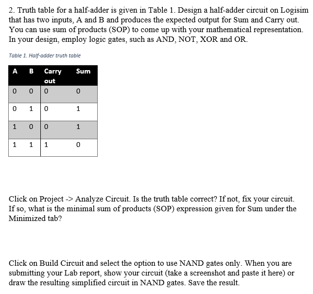  2. Truth table for a half-adder is given in Table 1.
